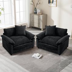 two black couches sitting on top of a gray rug