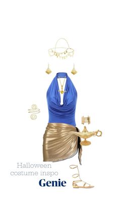 a woman in a blue top and gold skirt with jewelry on her feet, standing next to a white background