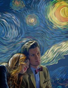 a painting of a man and woman in front of a starry sky