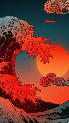 an image of the great wave at sunset