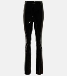 Coated High Rise Slim Pants in Black - Rotate Birger Christensen | Mytheresa Trendy Shiny Leggings For Night Out, Sleek Stretch Shiny Pants, Sleek Straight Leg Leather Pants For Evening, Sleek Shiny Black Bottoms, Stretch Shiny Leather Pants For Night Out, Shiny Stretch Leather Pants For Night Out, Shiny Leggings For Night Out, Sleek Metallic Bottoms For Night Out, Sleek Fitted Shiny Bottoms