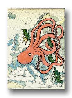 an octopus is on the map with plants in its tentacles and leaves around it's neck