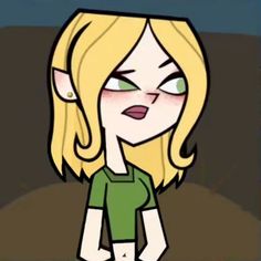 a cartoon girl with blonde hair and green shirt standing in front of a dark background