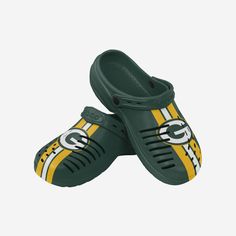 Strap in and seize the day. With these Green Bay Packers Team Stripe Clogs with Straps, you'll always be ready to kick it into sports mode. Features All-over team-colored, striped design so you can rep the team in style Team logo displays on each, in case there were any doubts where your allegiances lie Comfortable heel strap, perfect for any outdoor adventure Roomy, comfortable fit to help you enjoy every step Ventilation gaps for maximum breathability Versatile, lightweight clog shoe that will Sporty Breathable Clogs For Sports, Sporty Fade-resistant Clogs For Sports, Casual Green Sports Clogs, White Sporty Clogs For Sports, Sporty White Clogs For Sports, Green Synthetic Sports Clogs, Green Sporty Clogs For Outdoor, Breathable Sports Clogs With Round Toe, Sporty Green Clogs For Outdoor