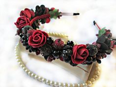 Red Rose Flower Crown,flower crown,Black rose headband,Burgundy and black hair crown,Floral crown, R Burgundy And Black Hair, Widow Costume, Black Wedding Flowers, Renn Faire, Floral Hair Wreath, Hair Accessories Red, Rose Flower Crown, Wedding Halloween