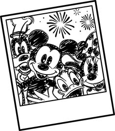 black and white drawing of mickey mouses with fireworks in the background