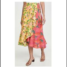 Take Your Warm-Weather Look To The Tropics With This Farm Rio Skirt, Which Elevates The Ever-Popular Wrap Silhouette With A Textural Finish And A Colorblock Blend Of The Label's Punchy Prints." Skirt Features- Lightweight Fabric, Non-Stretch Flocked Weave,Mixed Tropical Prints,Self-Belt With Beaded Tassels,Ruffle Trim,Wrap Silhouette,100% Cotton, Partially Lined, Length Approx-35" Size Large New With Tags Large Skirt, Layered Mini Skirt, Blue Mini Skirt, Farm Rio, China Fashion, Beach Vibe, Wrap Skirt, Printed Skirts, Pink Yellow