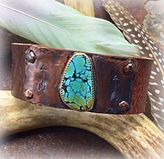 "MADE to ORDER! Turquoise will vary! Dainty narrow leather pilot mountain turquoise cuff bracelet with snap closure on distressed leather . Fits 7\" wrist nicely.. Approximately 1\" wide. You will not receive this exact cuff but something very similar as they are made to order. Please allow 2 weeks. Thank you so much" Bracelets Dainty, Silversmithing Jewelry, Copper Wire Art, Nice Designs, Pilot Mountain, Copper Bracelets, Leather Fits, American Indian Jewelry, Copper Cuff