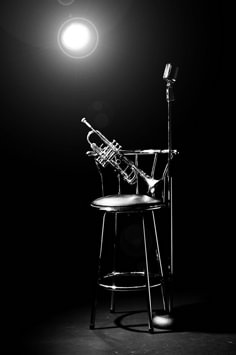 a black and white photo of a trumpet on a stool in front of a light