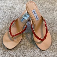 Nwt Steve Madden Pump Sandals Leather Straps With Small Redish Pebbles Wooden Like Heel Size 8 See Photos For Heel Height Red Almond Toe Sandals For Summer, Red Almond Toe Sandals, Steve Madden Pumps, Steve Madden Sandals, Steve Madden Shoes, Pump Sandals, Steve Madden, Leather Sandals, Women's Shoes Sandals