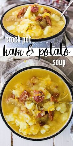 two bowls of ham and potato soup with spoons in them on a white table