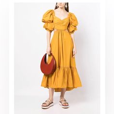 Questions? Leave A Comment Below! Summer Puff Sleeve Dress With Voluminous Skirt, Midi Dress With Sleeves, Fancy Dresses, Leave A Comment, Puff Sleeve, Midi Dress, Womens Dresses, Yellow, Dresses