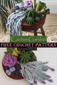 a crocheted pot holder with plants in it and the text, cactus garden free crochet pattern