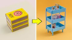 two different pictures one has a yellow target and the other is a blue carton