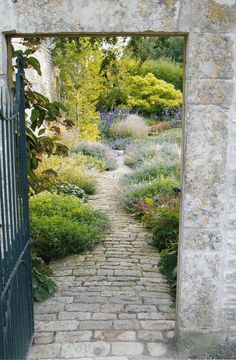 an open gate leading into a garden