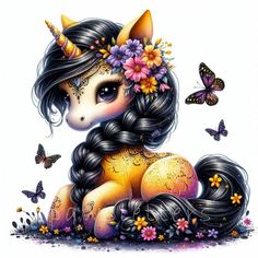 a drawing of a unicorn with flowers in her hair and butterflies around her head, sitting on the ground