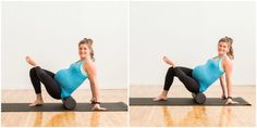 a woman doing an exercise on a yoga mat