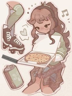 a drawing of a girl holding a pizza and soda