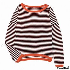 Olivia Mark - Striped Color Block Knit Sweater with Drop Shoulder and Long Sleeves Casual Knit Sweater With Contrast Stripes, White Casual Sweater With Contrast Stripes, Coffee Sweater, Striped Knitted Sweater, Off Shoulder Sweater, Sleeves Clothing, Belleza Natural, Batwing Sleeve, Knitted Sweater