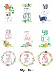 six flowered tags with the words thank you grow