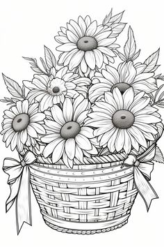 a basket filled with sunflowers on top of a white background, in black and white