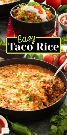 an easy taco rice casserole recipe in a cast iron skillet