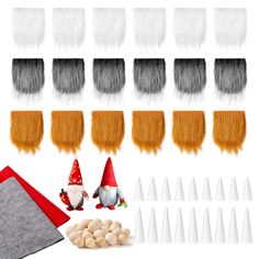 an assortment of wigs and accessories including gnome hats