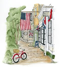 a drawing of a bike parked in front of a building with an american flag on it