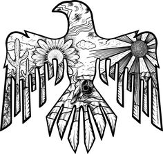 an eagle with sunflowers and feathers on it's wings, in black and white