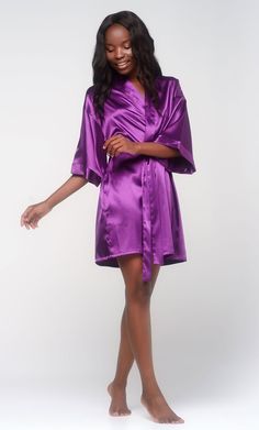 Purple Satin Kimono Short Robe-Robemart.com Satin Wedding Night Dress, Summer Satin Night Robe, Elegant Satin Sleepwear For Sleepover, White Satin Nightgown For Wedding Night, Elegant Sleepwear For Sleepovers, Satin Sleepwear With Open Front, Satin Open Front Sleepwear For Loungewear, Silk Satin Finish Robe For Loungewear, Satin Open Front Sleepwear