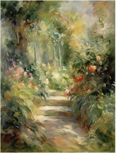 an impressionist painting of a garden path with roses and other flowers in the foreground