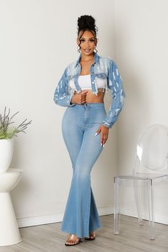 Washed denim Front zipper closure Scoop back with rhinestone fringe Distressed Crop jacket Available in denim Runs true to size Crop Denim Jacket, Rhinestone Fringe, Cropped Denim Jacket, Washed Denim, Cropped Denim, Crop Jacket, Denim Wash, Bell Bottom Jeans, Front Zipper