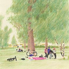 a drawing of people sitting under a tree in a park with bikes and blankets on the ground