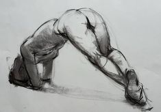 a black and white drawing of a man bending over with his hands on his knees