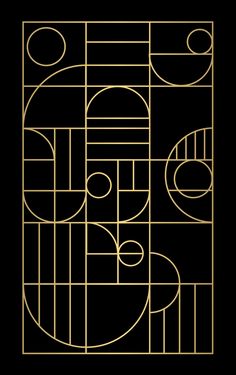 a black and gold art deco poster with circles, lines, and shapes on it