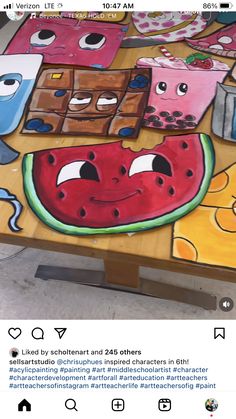 the table is decorated with watermelon and other items