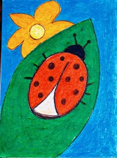 a child's drawing of a ladybug on a green leaf with a yellow flower