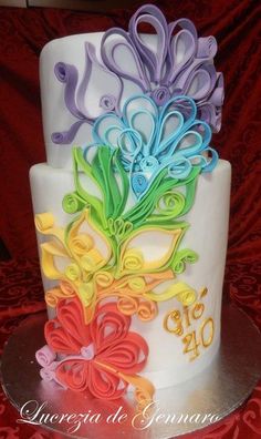 a multi - colored cake with swirls and numbers on it