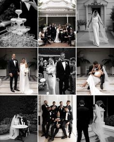 black and white wedding pictures with bride and groom in tuxedos at the mansion