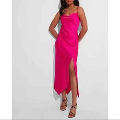 Bought This For A Party And Ended Losing Weight So It Got Too Big. This Dress Comes With An Internal Slip, So It Hides Any Extra Quite Well. This Is Truly That Hot Pink Color. Just Beautiful. From Express Conscious Edit: A Sustainable Collection Dedicated To A Better Tomorrow For People And The Planet. This Gorgeous Satin Slip Dress Gives Sleek And Contemporary Vibes With A Cowl Neck, Front Slit, And Asymmetrical Hem. Features & Fabric Size: Xl Length: Regular 49" Cowl Neck Sleeveless; Adjustabl Cowl Neck Midi Dress, Maxi Dress Pattern, Hot Pink Dresses, Maxi Slip Dress, Sweater Dress Midi, Eyelet Dress, Satin Slip Dress, Cocktail Dress Lace, Satin Slip