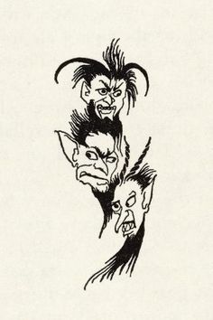 an ink drawing of three demon heads