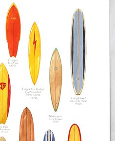 a bunch of surfboards are lined up on a white board with different colors and sizes