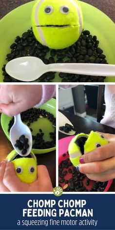 a collage of photos showing how to make a bowl of food with a smiley face