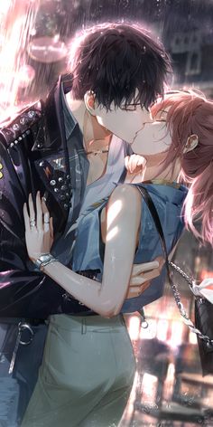 an anime couple kissing in the street