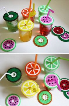 crocheted fruit cups with strawberries, lemons and orange slices in them