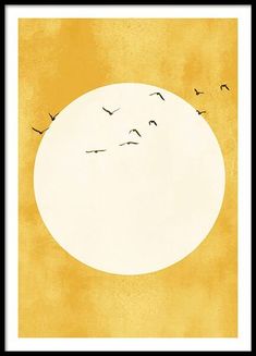 birds flying in front of the sun on a yellow and white background with black border