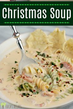 a bowl of christmas soup with tortellini chips