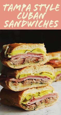 three sandwiches stacked on top of each other with the words tampa style cuban sandwiches above them