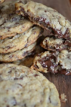 chocolate chip cookies stacked on top of each other