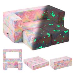 the couch and ottoman are made out of multicolored paper with stars on them